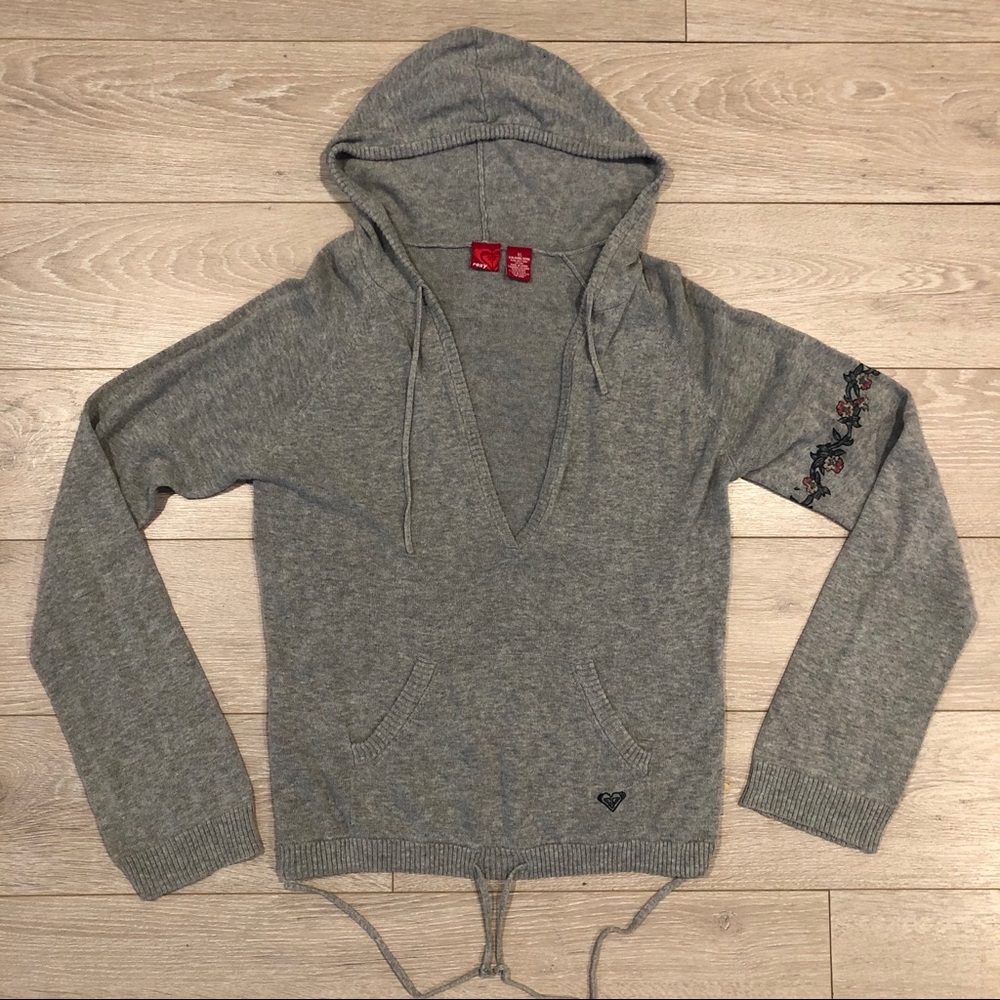 Roxy Heather Grey Deep V Hoodie Floral Beach Surf